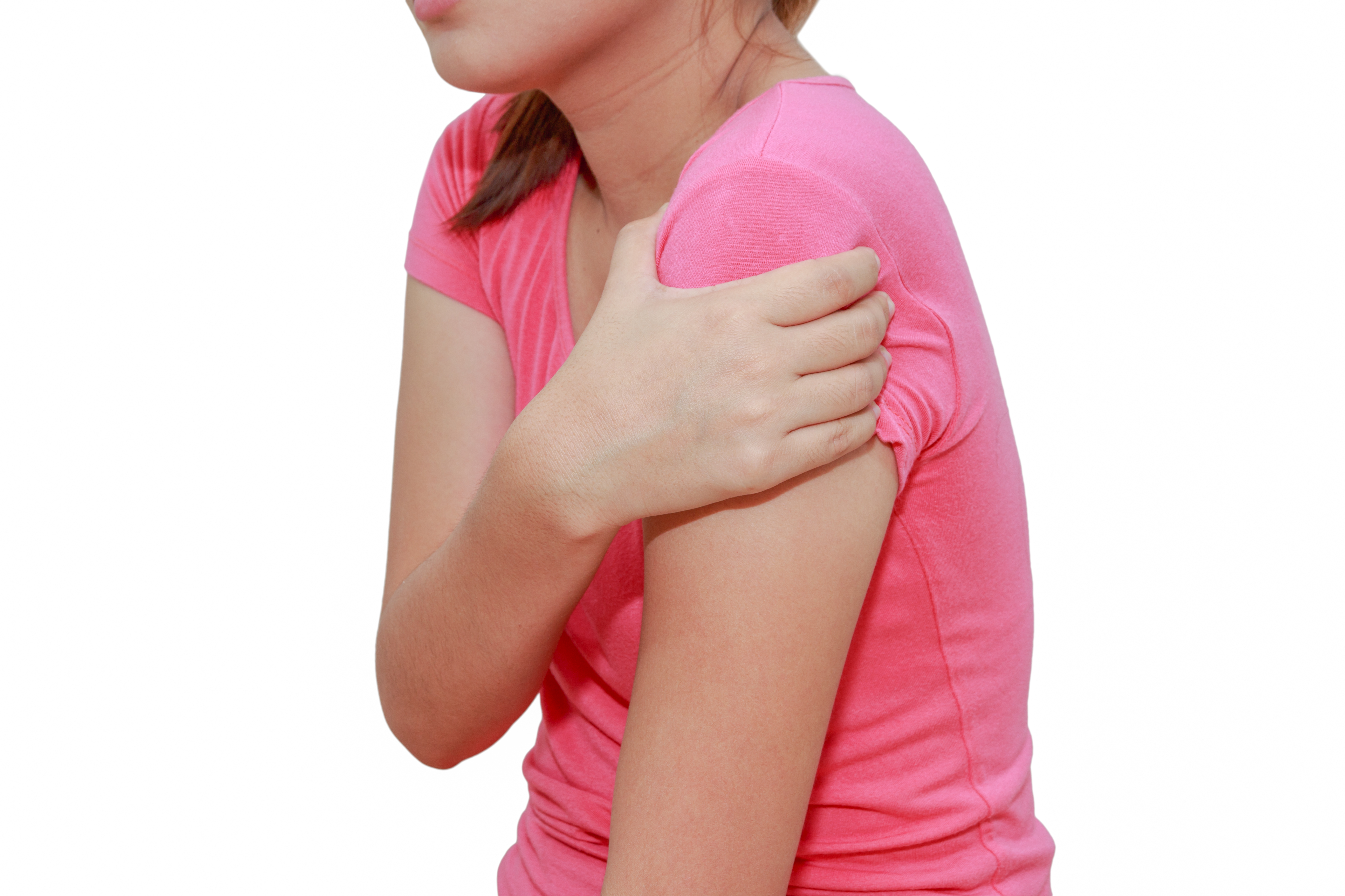 Woman shoulder or joint pain isolated on white background